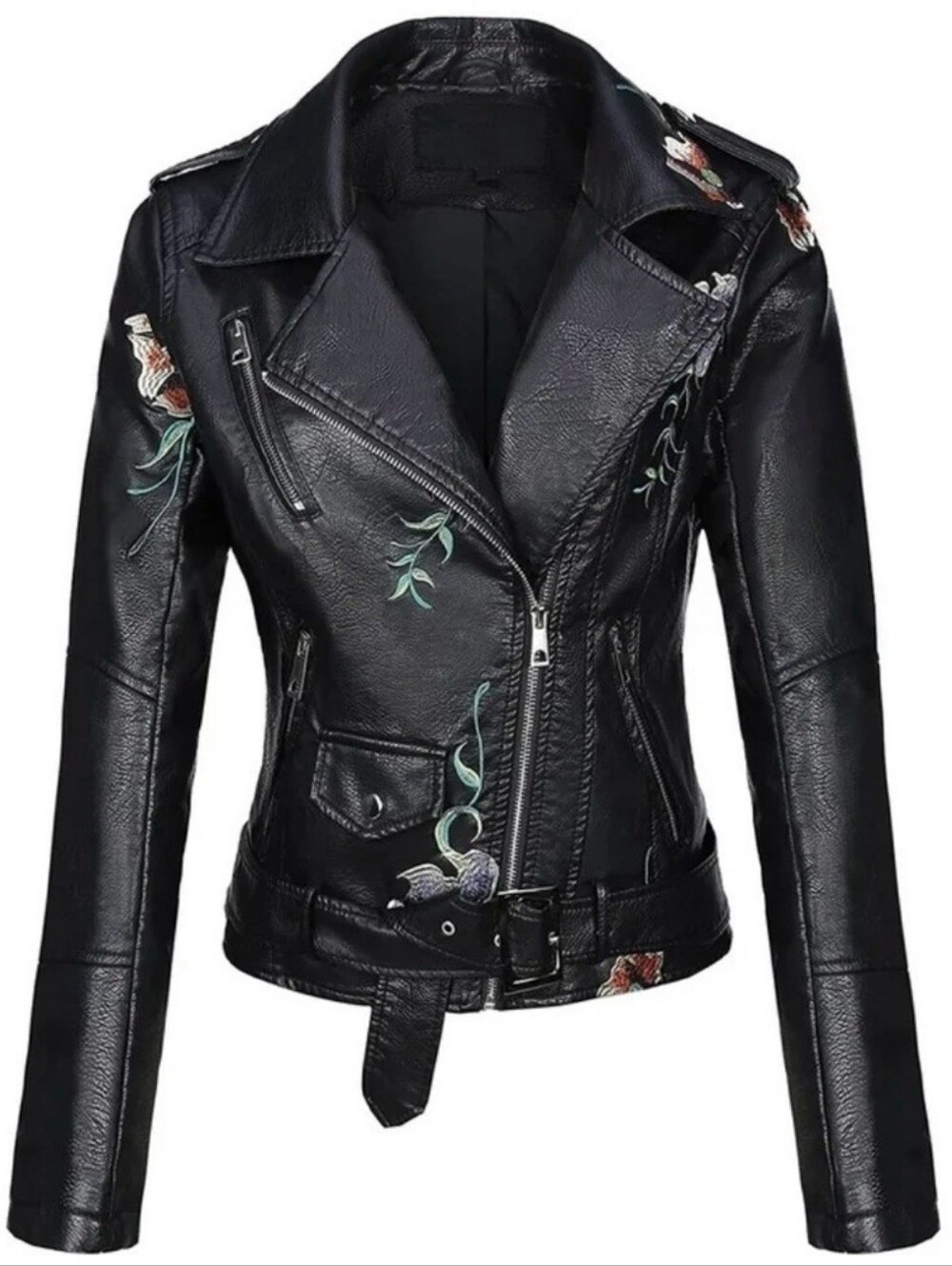 BELLIVERA Floral Vegan Leather Embroidered Moto Jacket Black - Picture 4 of 14